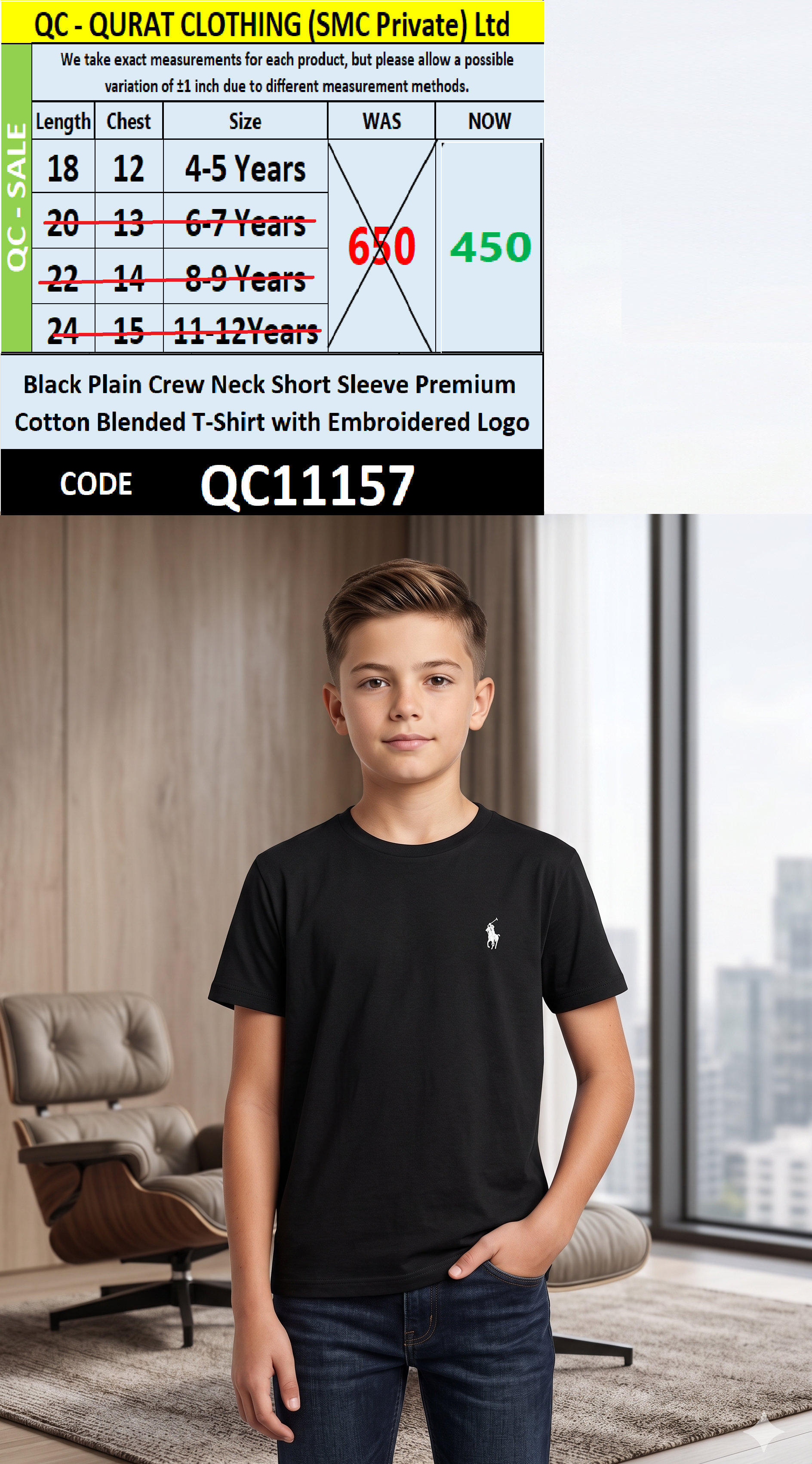 Black Plain Crew Neck Short Sleeve Premium Cotton Blended T-Shirt with Embroidered Logo QC11157
