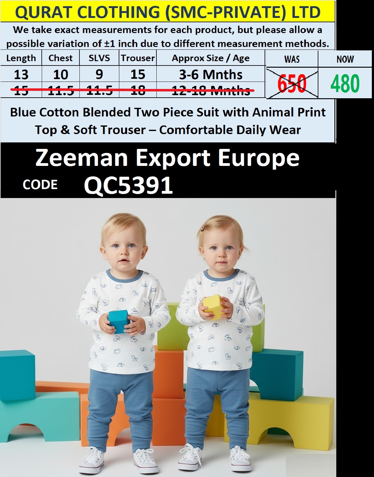 Zeeman Baby Blue Cotton-Blended Animal Print Top & Soft Trouser 2-Piece Suit QC5391 – Export Europe