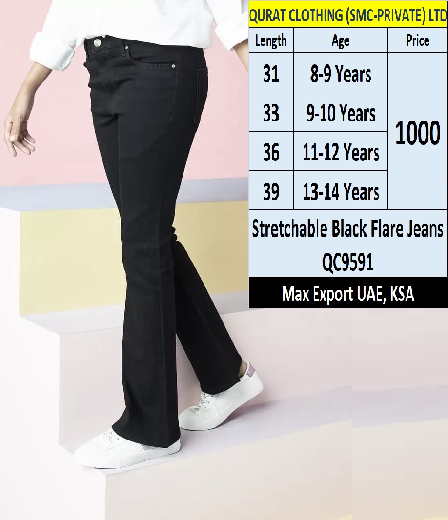 Max Brand Stretchable Black Flare Jeans QC9591 Export UAE, KSA