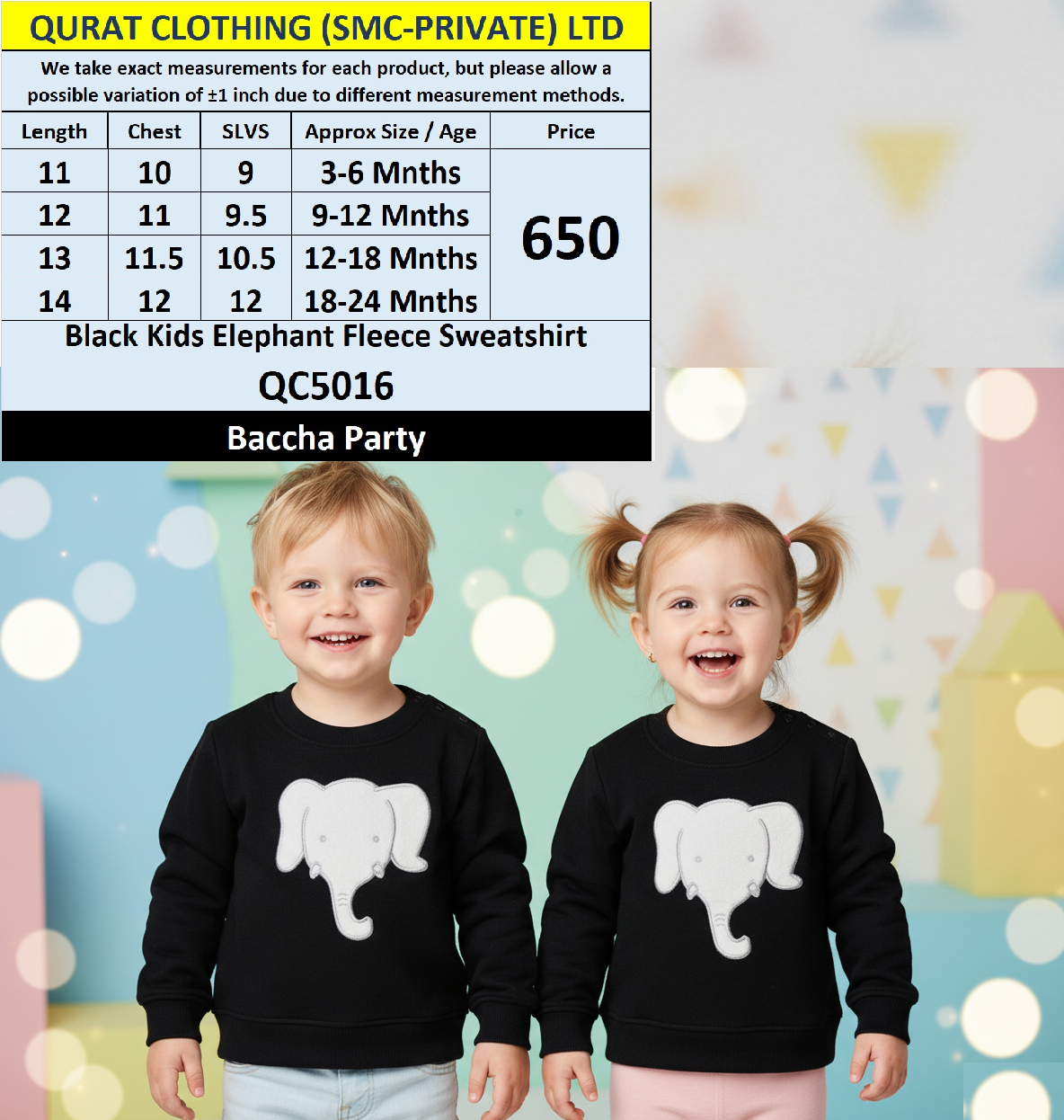 Baccha Party Black Kids Elephant Fleece Sweatshirt QC5016 – Soft Baby Winter Wear