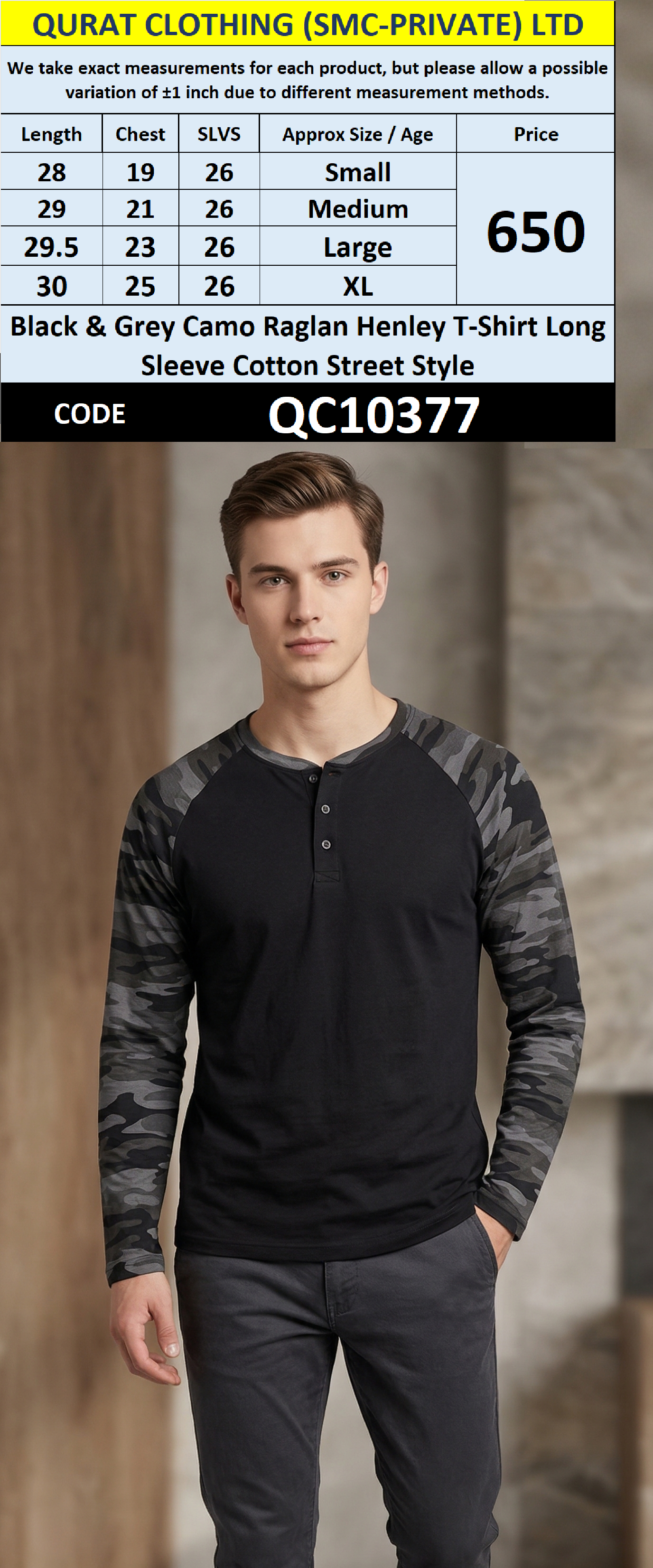 Black & Grey Camo Raglan Henley T-Shirt Long Sleeve Cotton Street Style QC10377