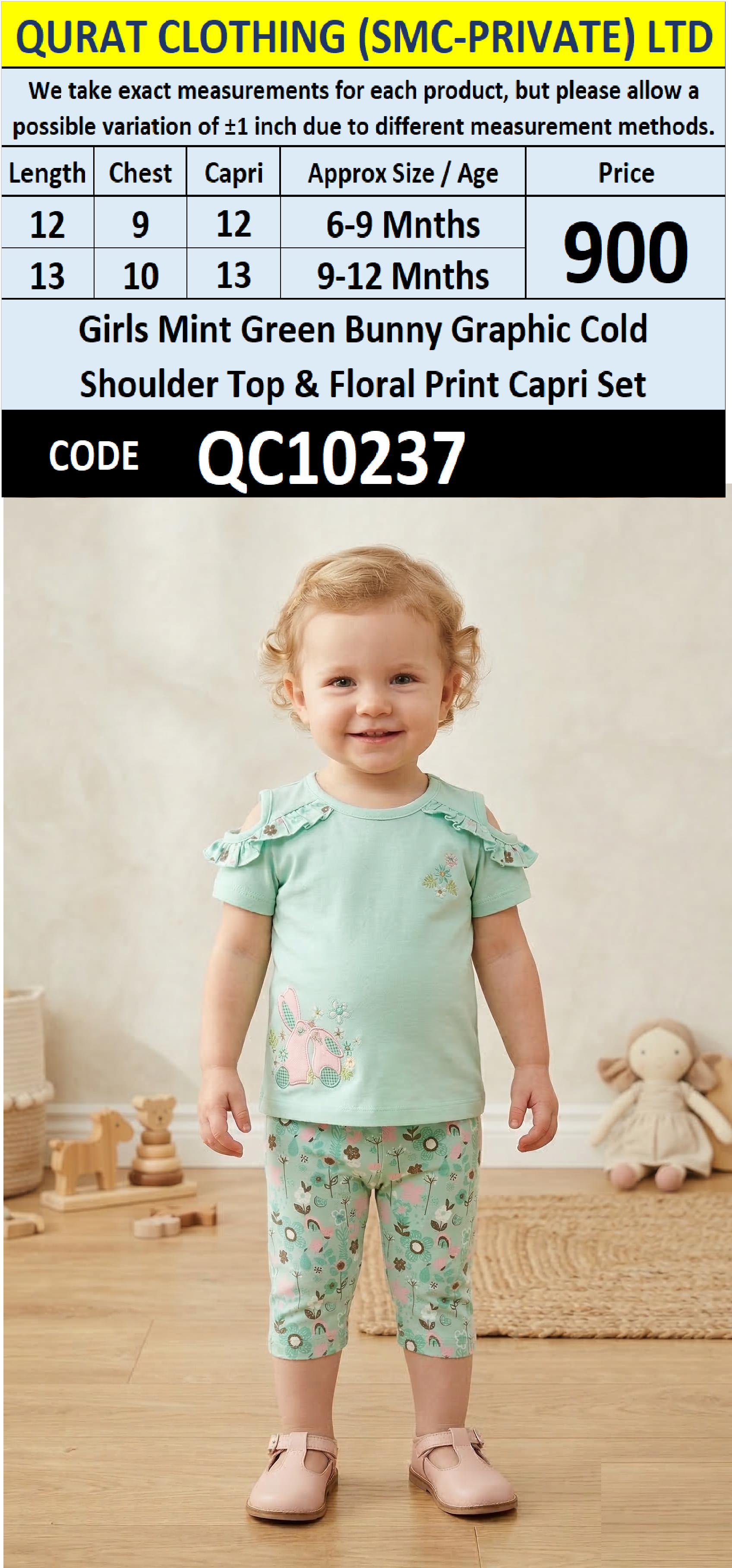 Girls Mint Green Bunny Graphic Cold Shoulder Top & Floral Print Capri Set – QC10237