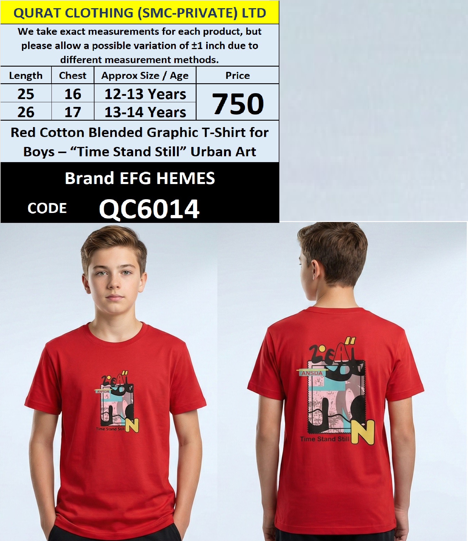 Red Cotton Blend Boys T-Shirt TIME STAND STILL Urban Art Graphic – QC6014