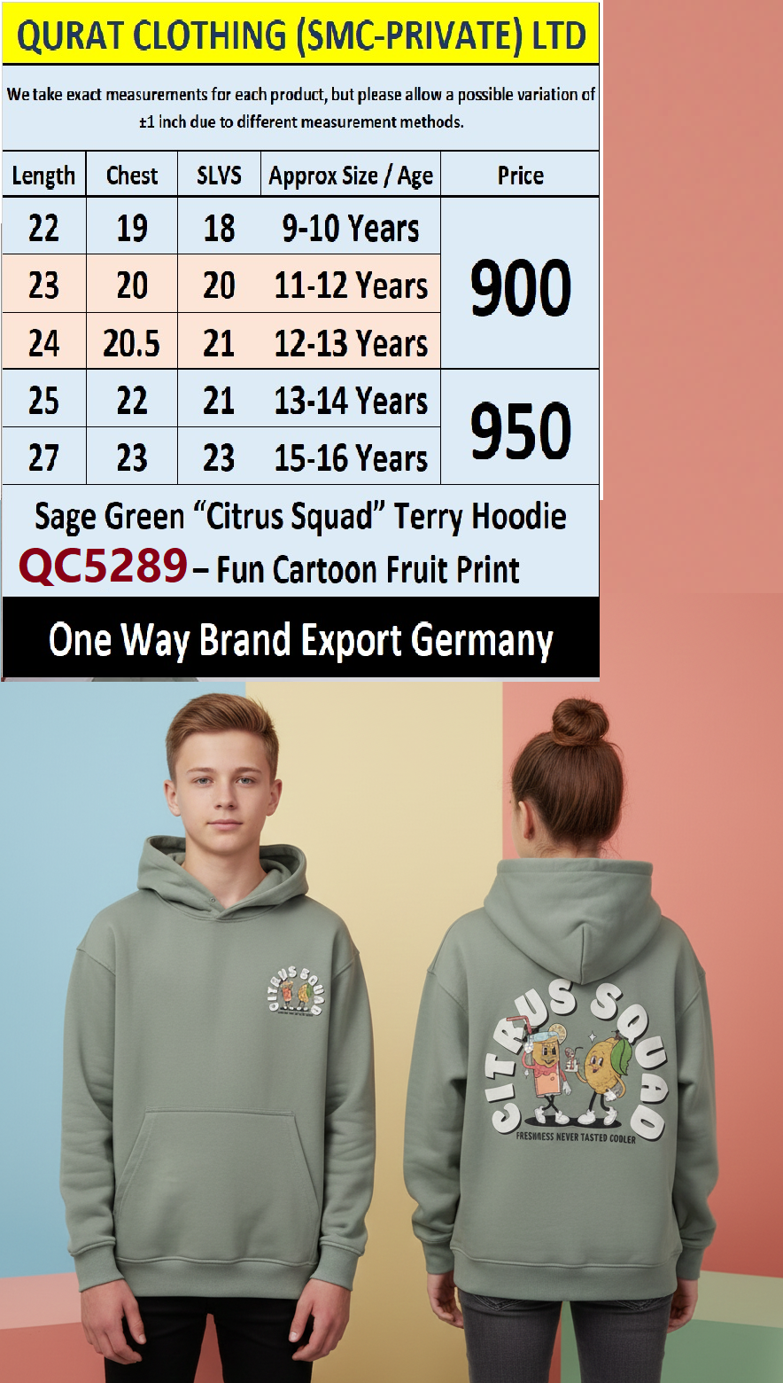 One Way Brand Sage Green “CITRUS SQUAD” Terry Hoodie QC5289 – Export Germany