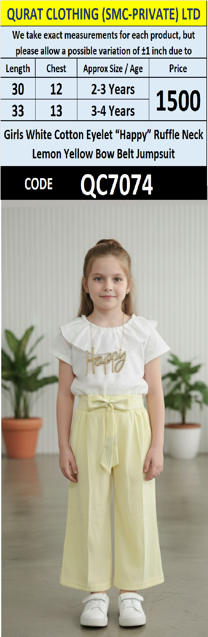 Girls White Cotton Eyelet “Happy” Ruffle Neck Lemon Yellow Bow Belt Jumpsuit QC7074 - QC7074