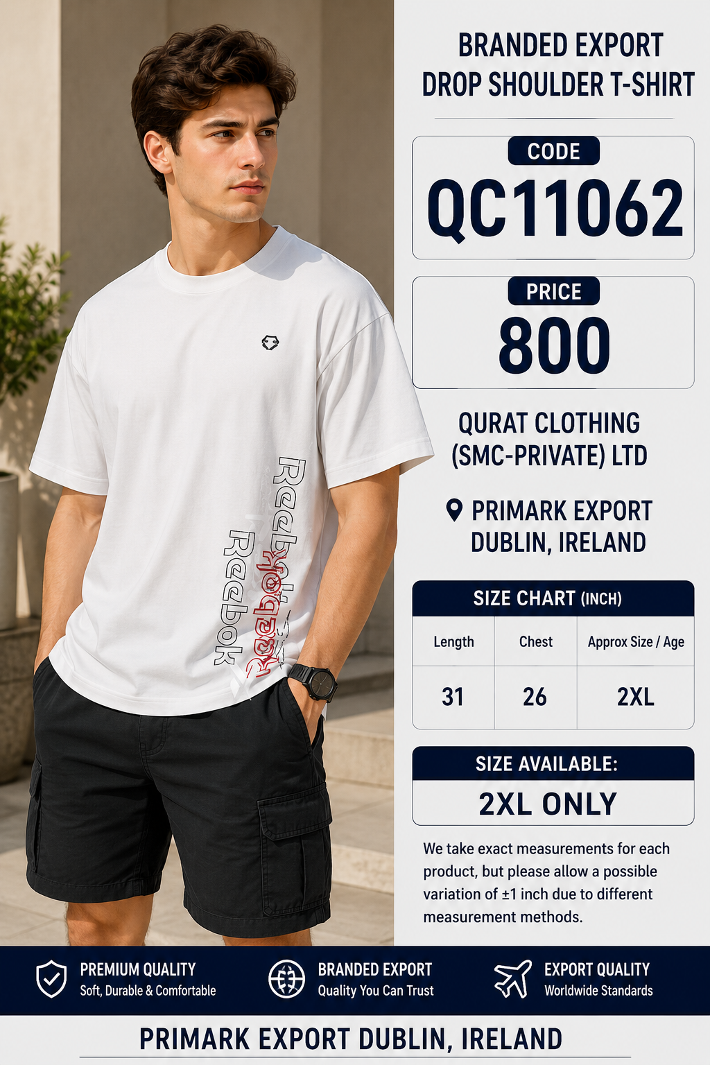 White Reebok Vertical Logo Branded Export Drop Shoulder T-Shirt QC11062 – Primark Export Dublin Ireland