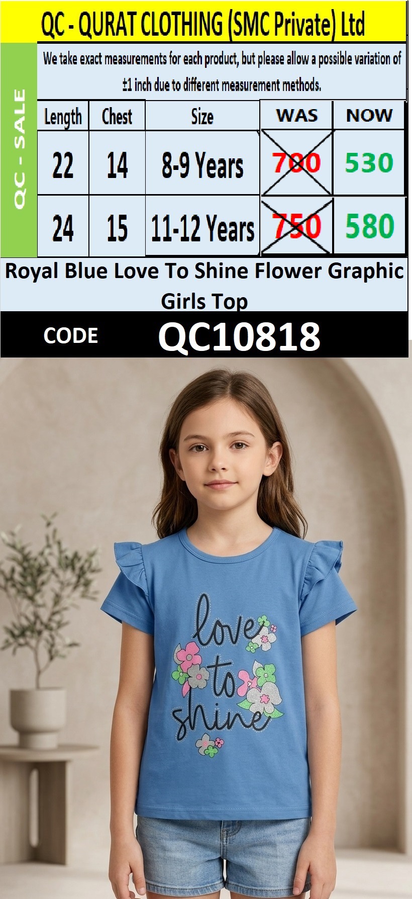 Royal Blue Love To Shine Flower Graphic Girls Top QC10818