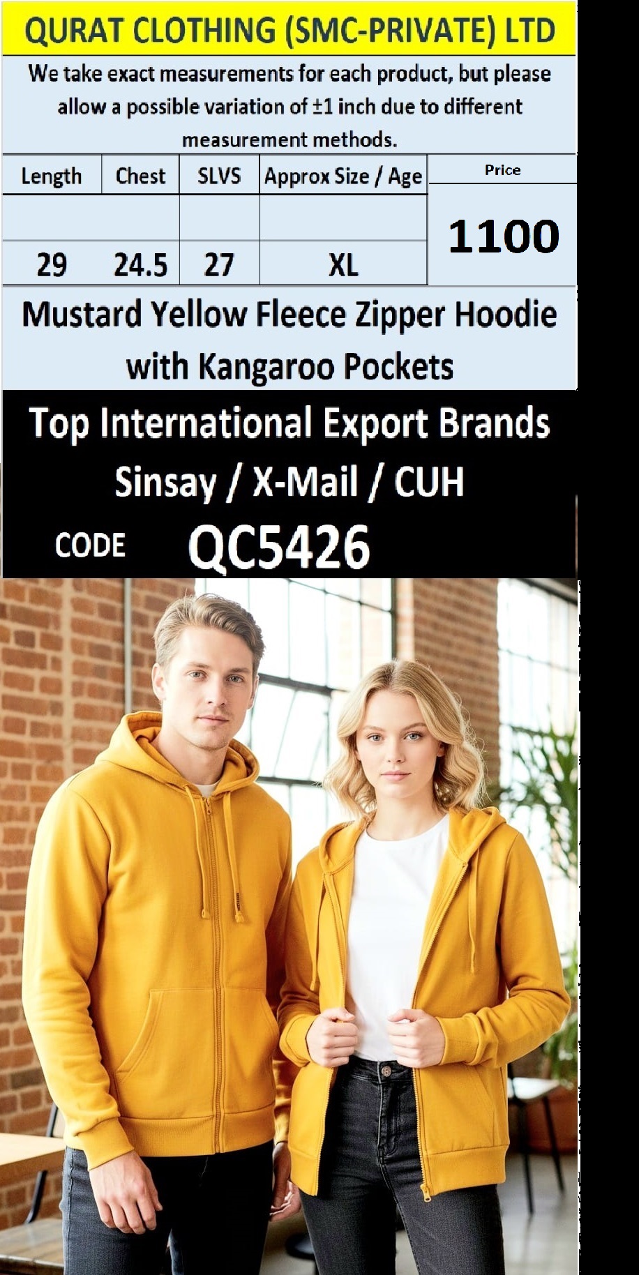 Mustard Yellow Fleece Zipper Hoodie with Kangaroo Pockets QC5426