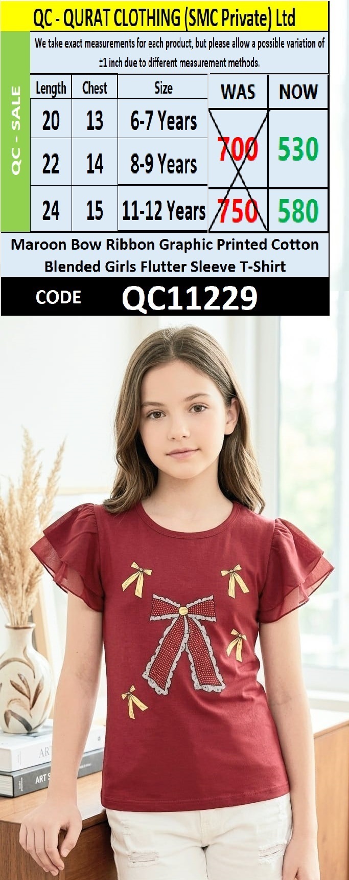 Maroon Bow Ribbon Graphic Printed Cotton Blended Girls Flutter Sleeve T-Shirt QC11229