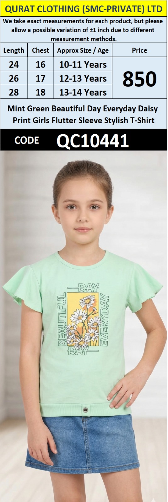 Mint Green Beautiful Day Everyday Daisy Print Girls Flutter Sleeve Stylish T-Shirt QC10441