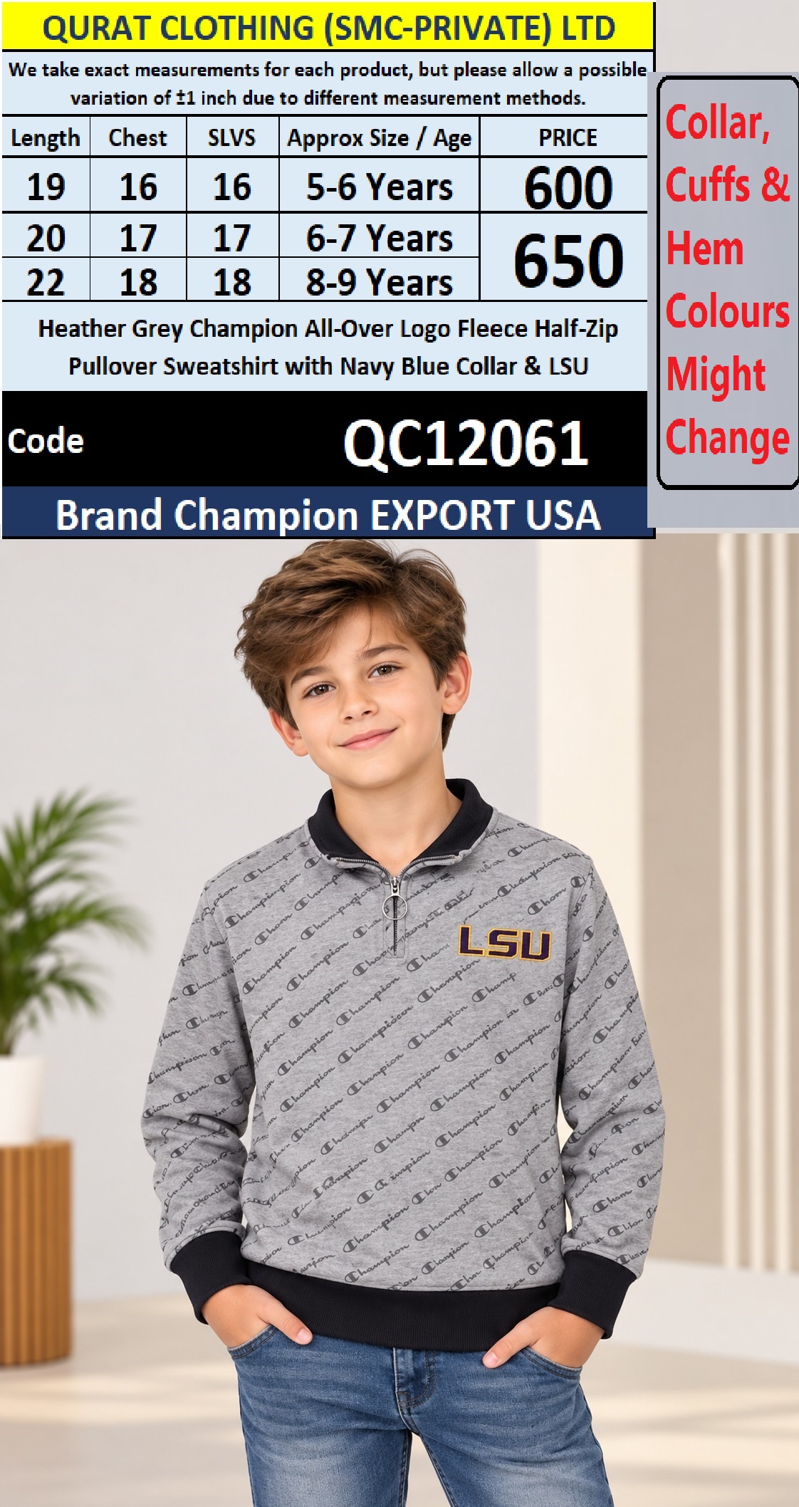 Heather Grey Champion All-Over Logo Fleece Half-Zip Pullover Sweatshirt with Navy Blue Collar & LSU – Export USA – QC12061