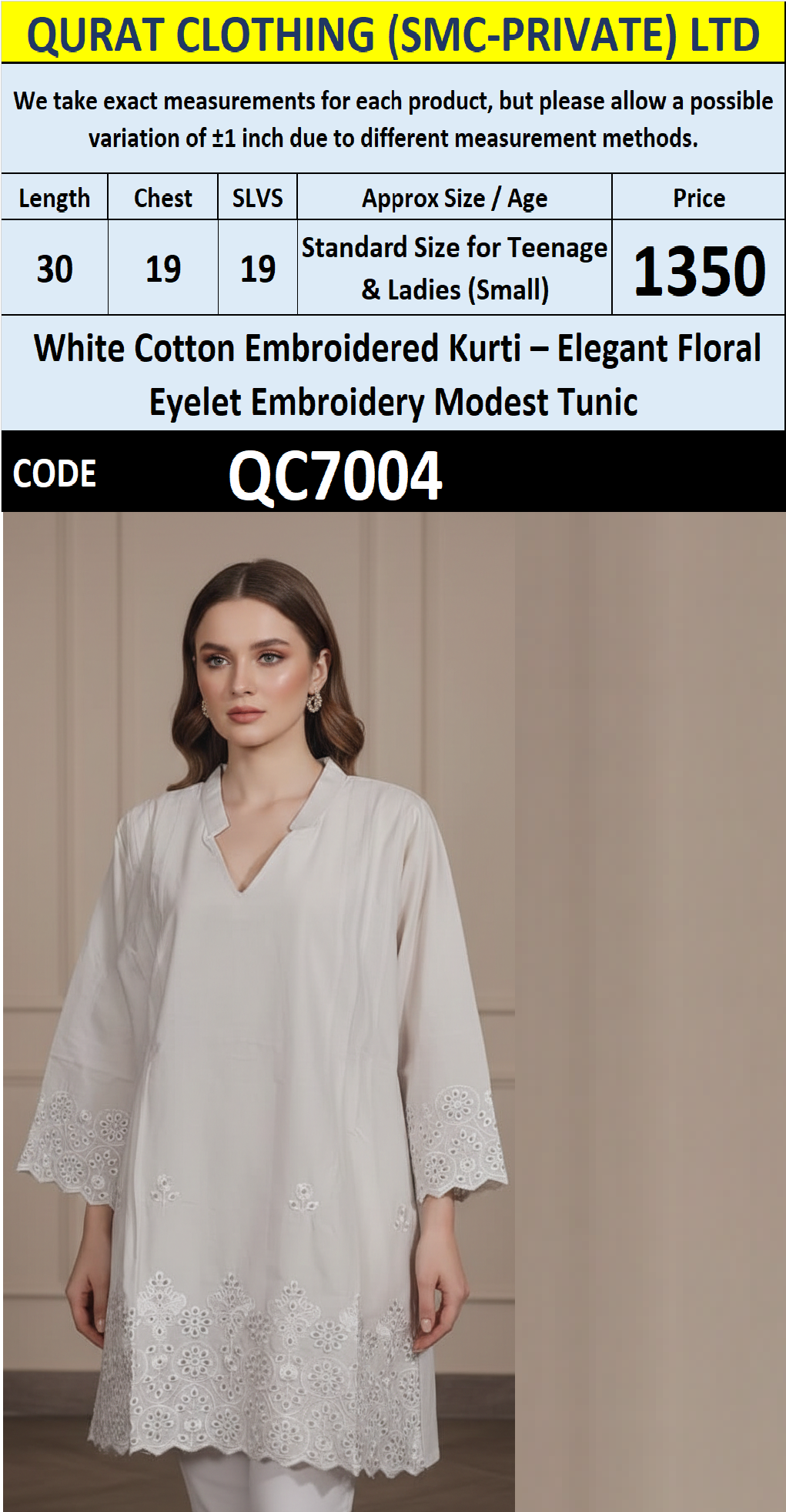 White Cotton Embroidered Kurti with Floral Eyelet Embroidery – Elegant Modest Tunic – QC7004