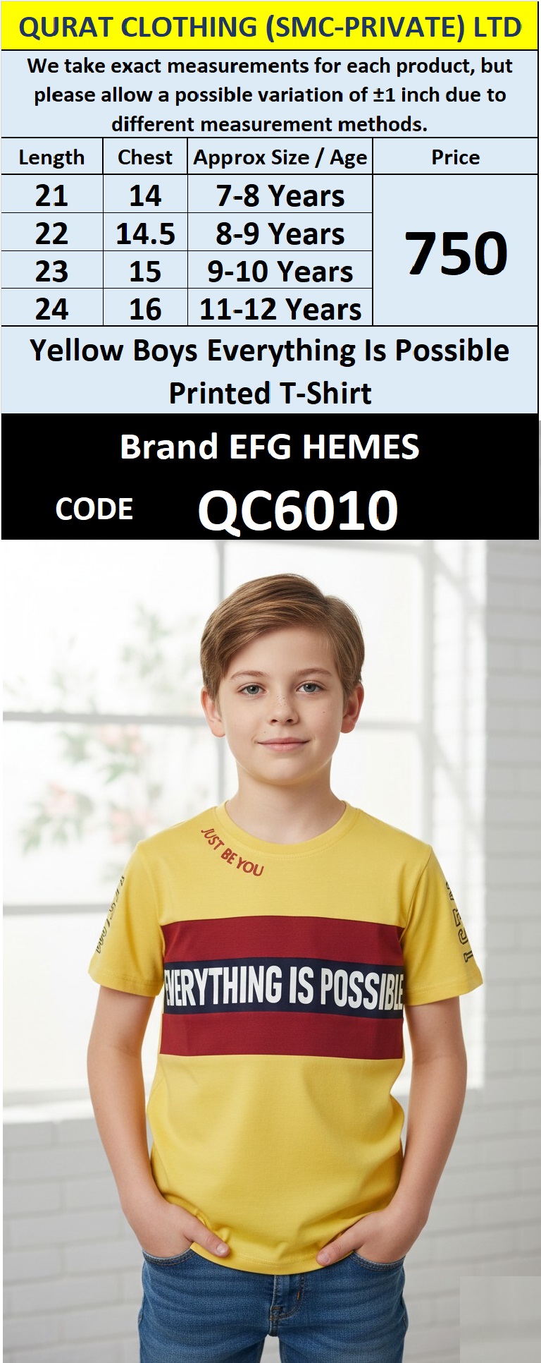 Yellow Cotton Blend Boys T-Shirt EVERYTHING IS POSSIBLE Printed Text – QC6010