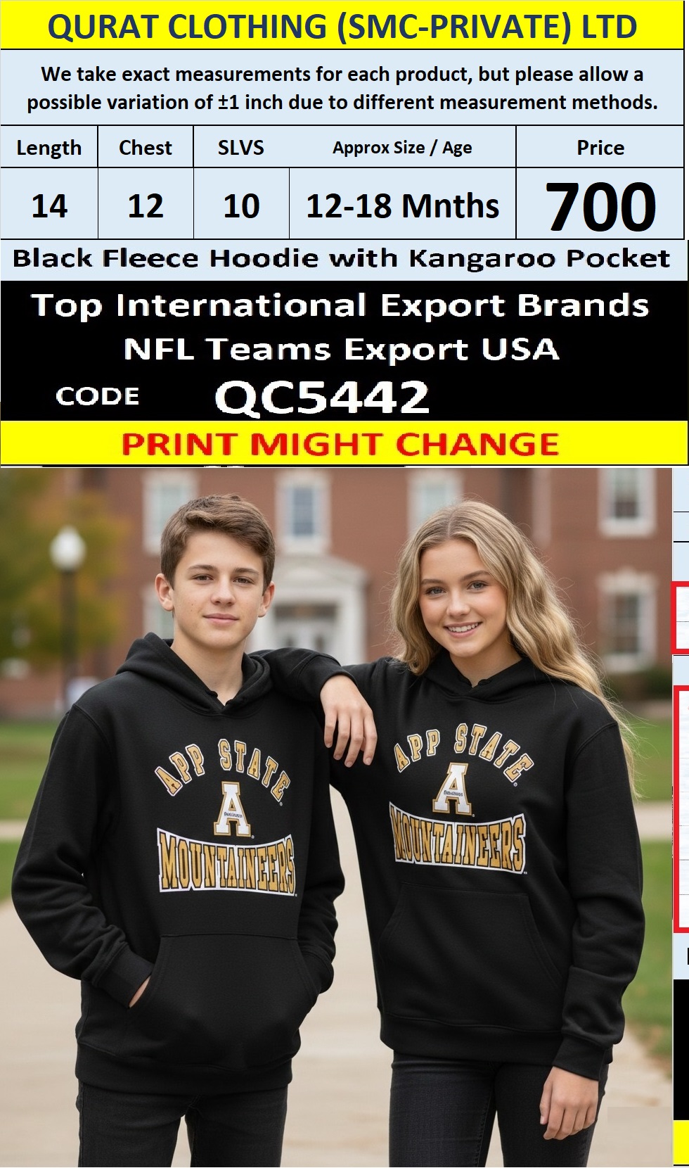 Black Fleece Hoodie APP STATE Mountaineers Printed Text with Kangaroo Pocket – Export USA – QC5442