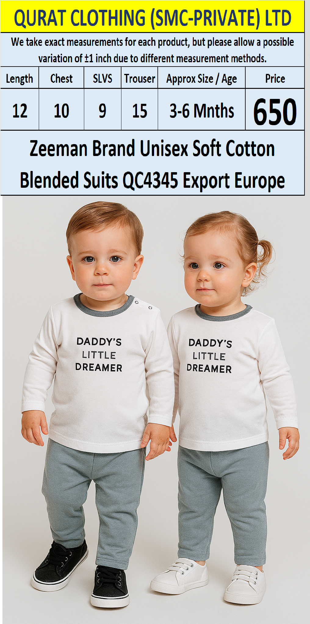 Zeeman Brand Unisex Soft Cotton Blended Suits QC4345 Export Europe 