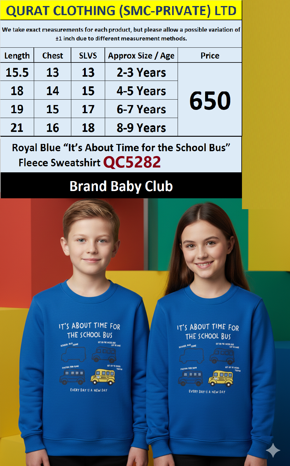 Baby Club Royal Blue “It’s About Time for the School Bus” Fleece Sweatshirt QC5282