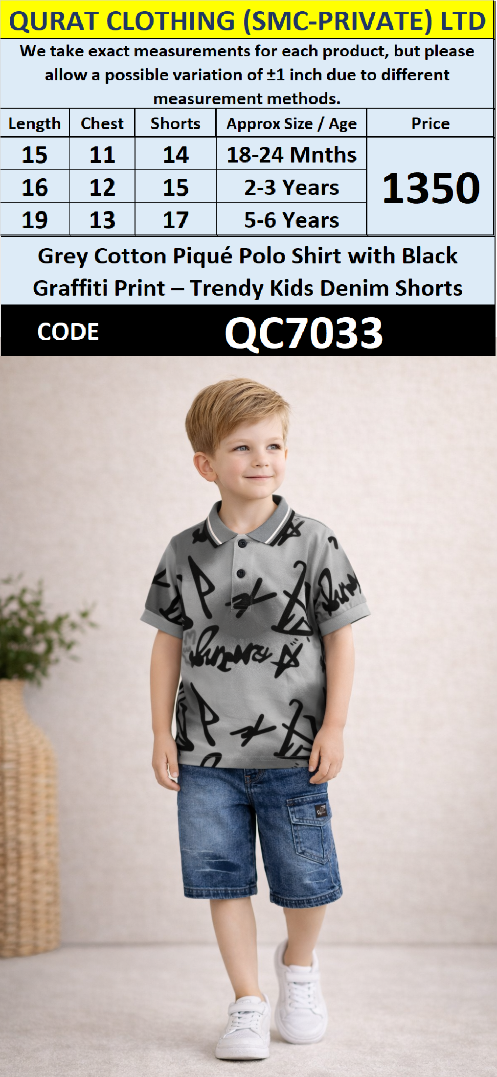Grey Cotton Piqué Polo Shirt with Black Graffiti Print & Denim Shorts Boys Summer Set QC7033