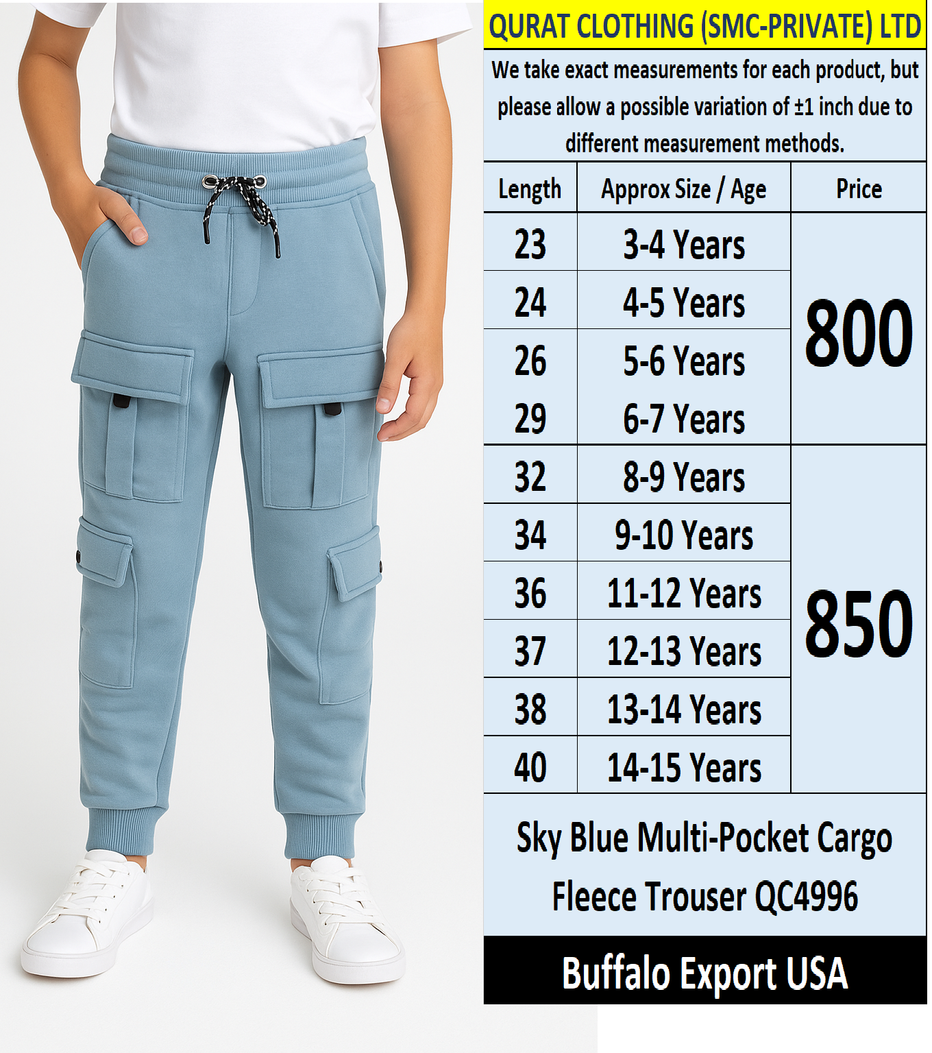 Buffalo Brand Sky Blue Multi-Pocket Cargo Fleece Trouser QC4996 – Export USA