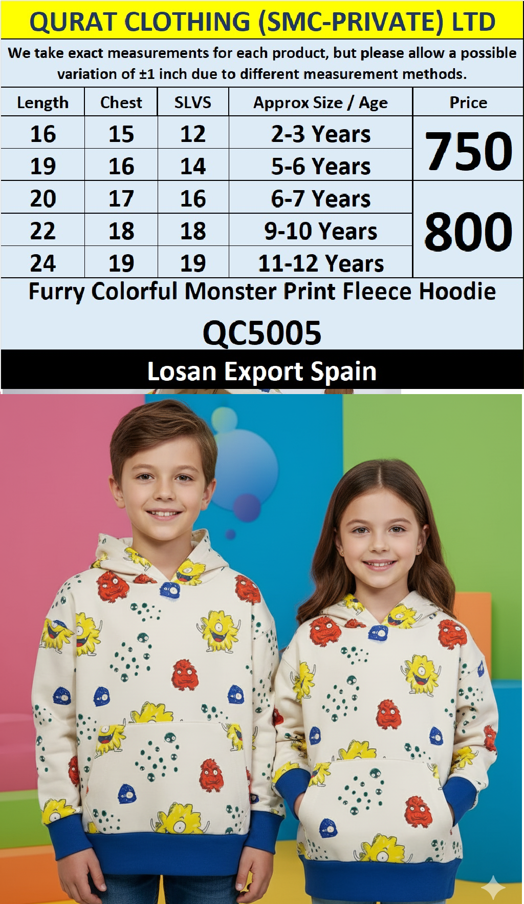 Losan Brand Furry Colorful Monster Print Fleece Hoodie QC5005 – Export Spain