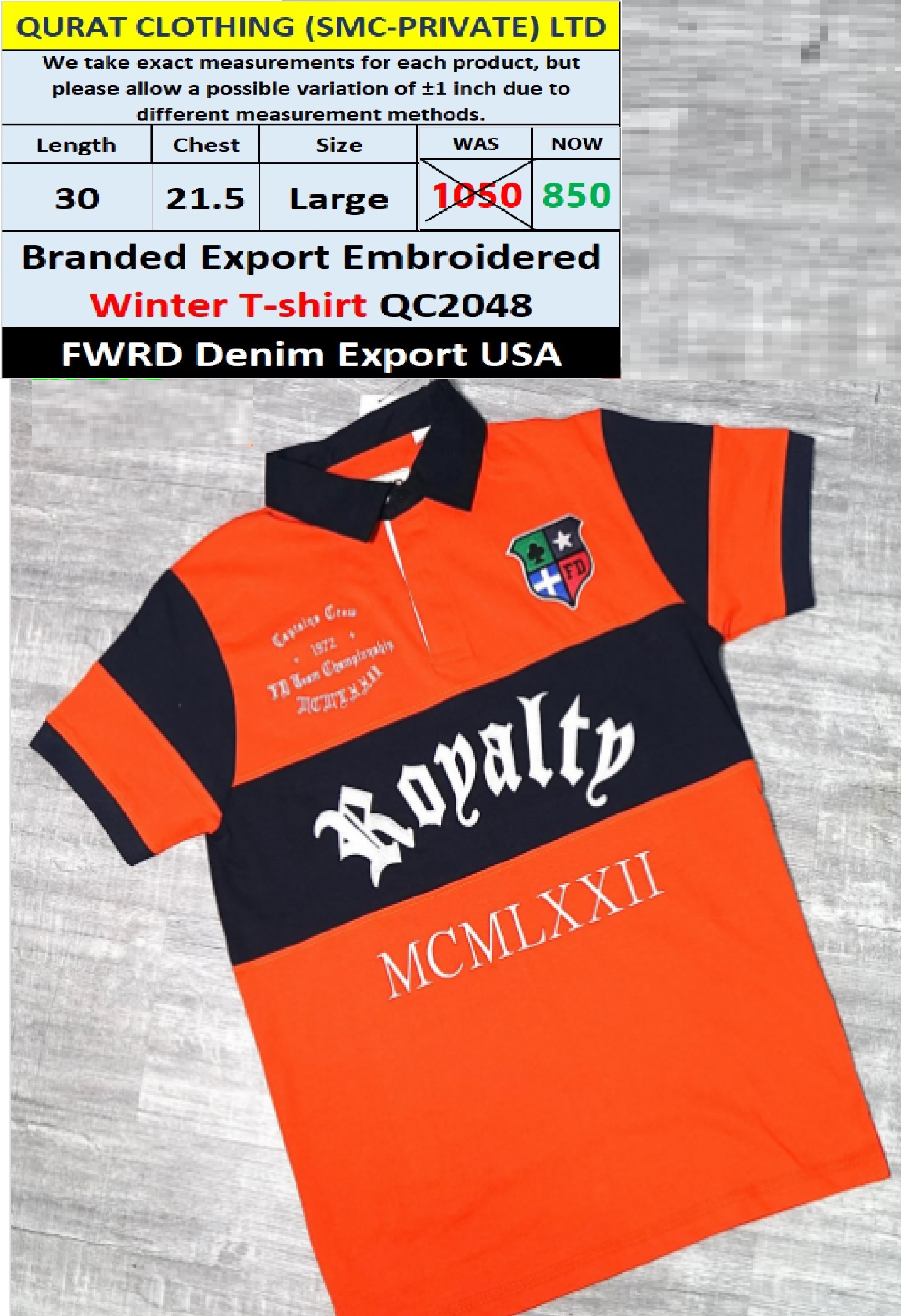FWRD Denim Brand Fleece Embroidered Winter T-Shirts QC2048 Export USA - QC2048
