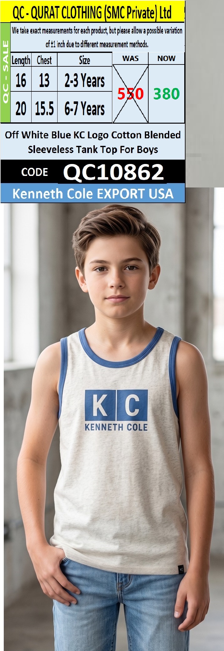 Kenneth Cole USA Off White Blue KC Logo Cotton Blended Sleeveless Tank Top QC10862