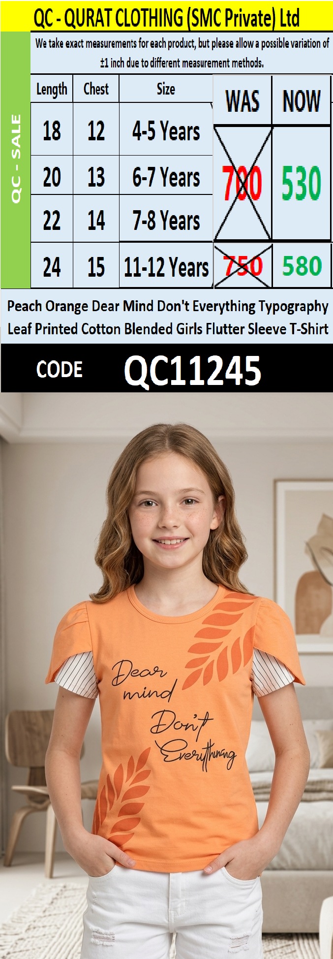 Peach Orange Dear Mind Don't Everything Typography Leaf Printed Cotton Blended Girls Flutter Sleeve T-Shirt QC11245