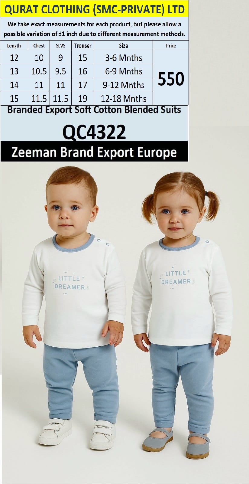 Zeeman Brand Unisex Soft Cotton Blended Suits QC4322 Export Europe 
