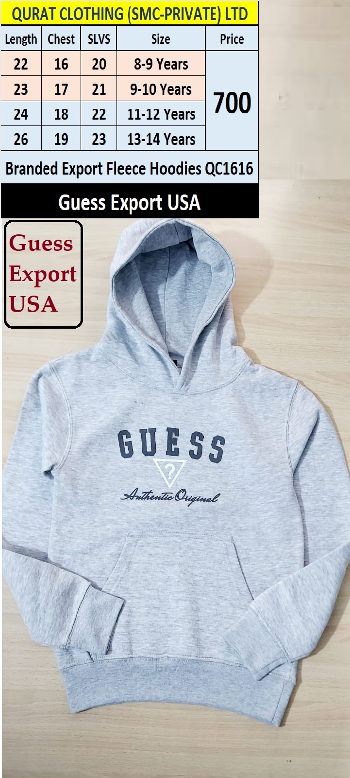 Guess Brand Grey Fleece Hoodie QC1616 Export USA