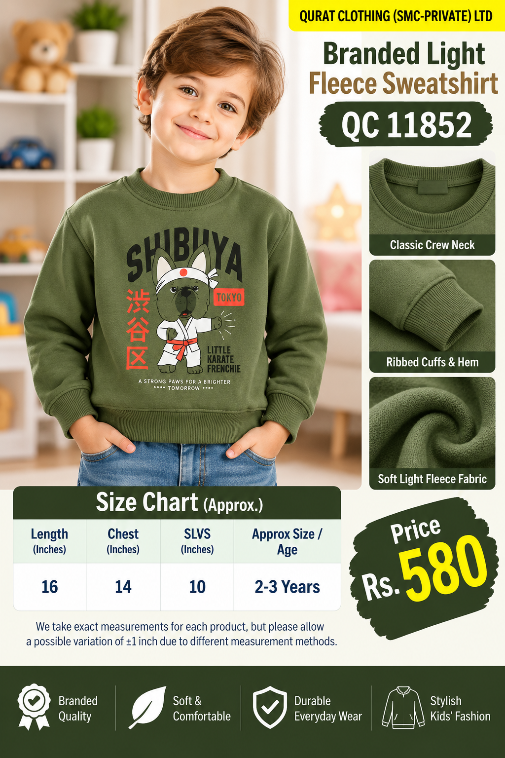 Branded olive green light fleece sweatshirt with Shibuya Tokyo karate Frenchie graphic — QC11852