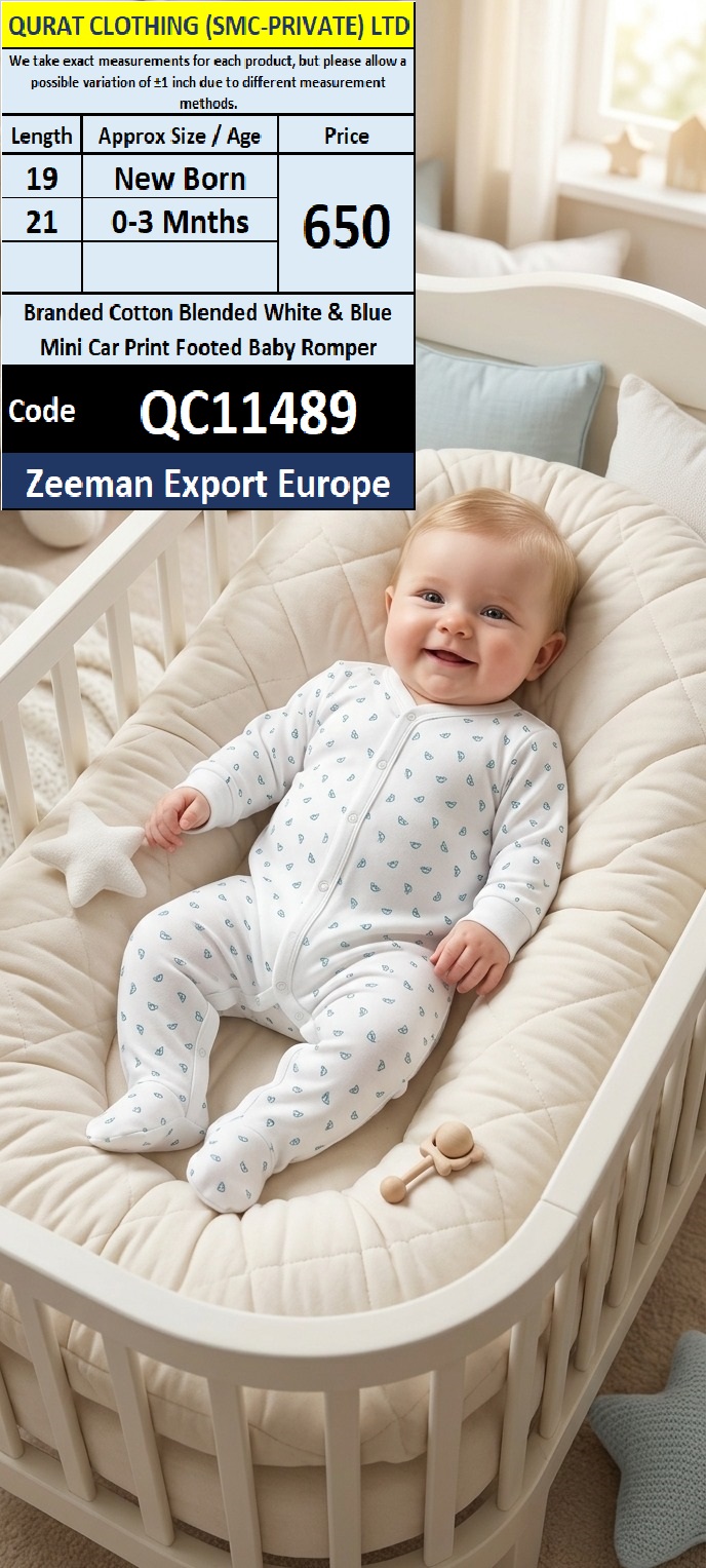 Zeeman Export Europe Branded Cotton Blended White & Blue Mini Print Footed Baby Romper – QC11489