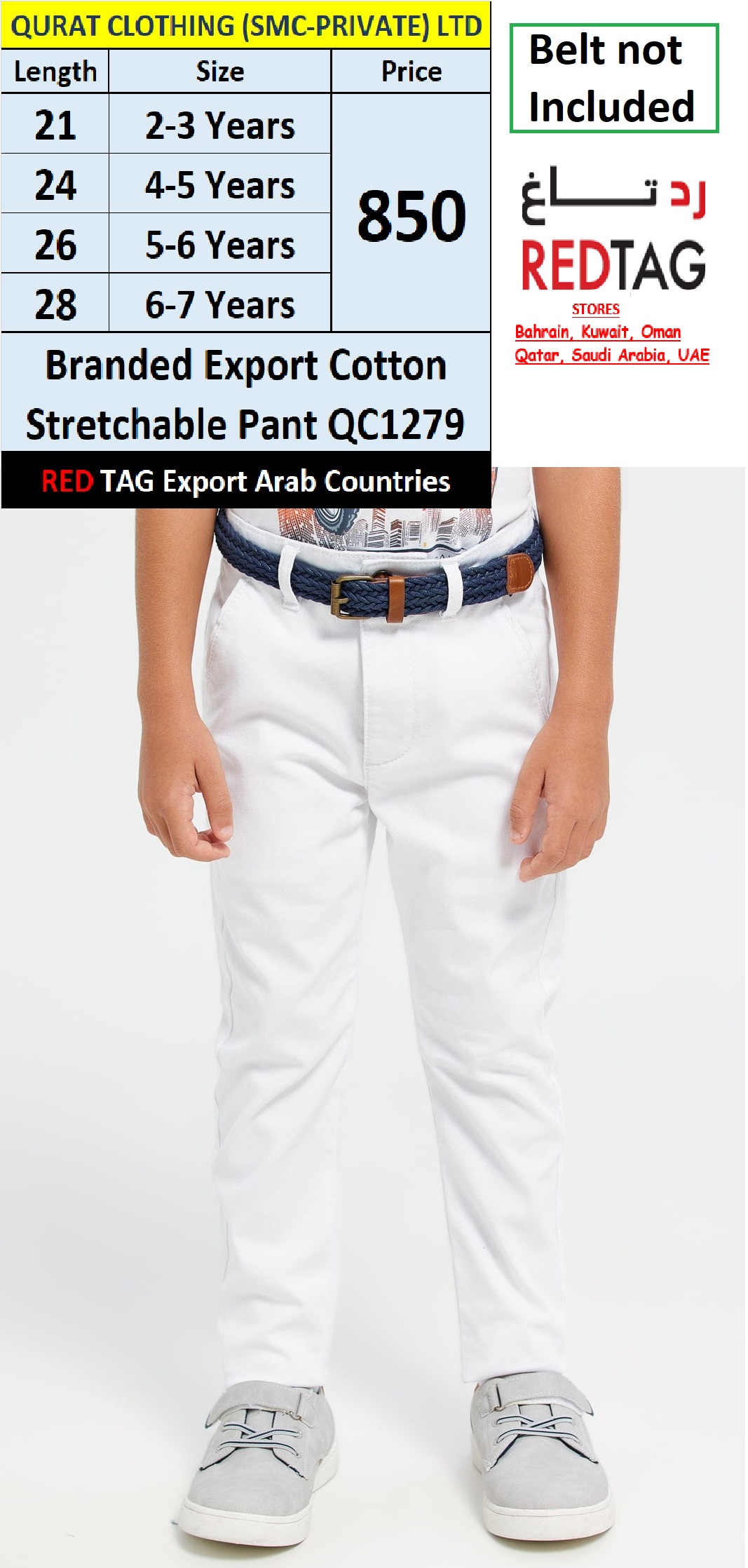 RED TAG Fashion Brand White Cotton Stretchable Pant QC1279 Export Arab Countries
