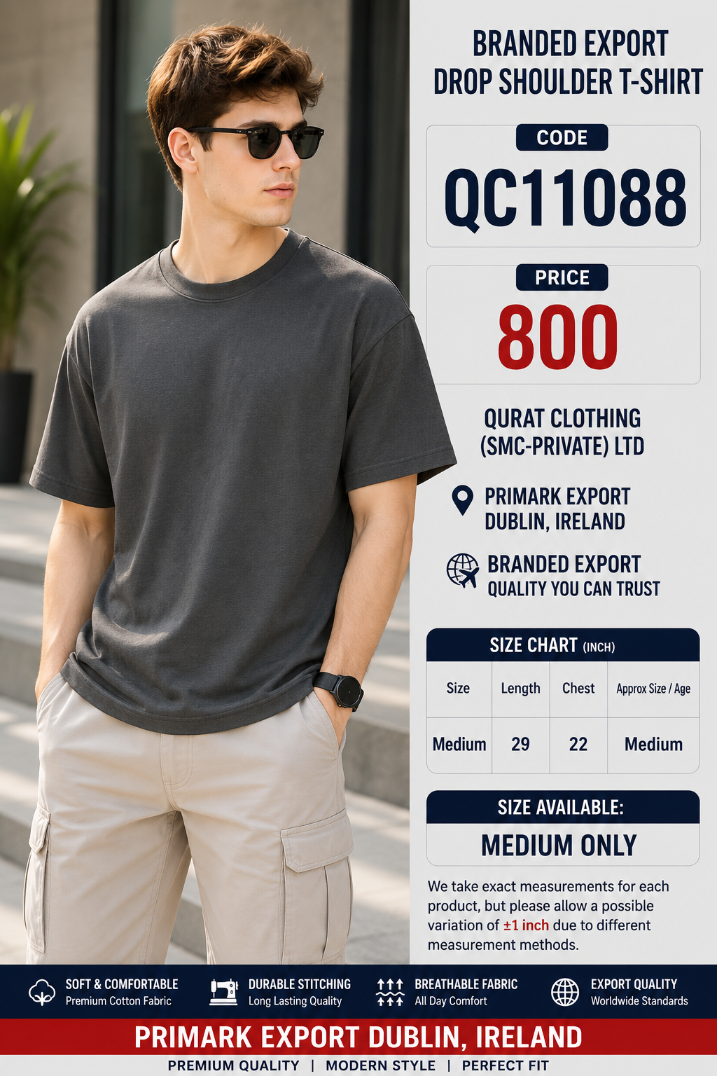 Charcoal Grey Plain Branded Export Drop Shoulder T-Shirt QC11088 – Primark Export Dublin Ireland