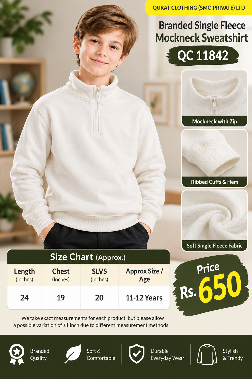 Branded off-white single fleece mock neck sweatshirt with plain finish with short front zipper — QC11842