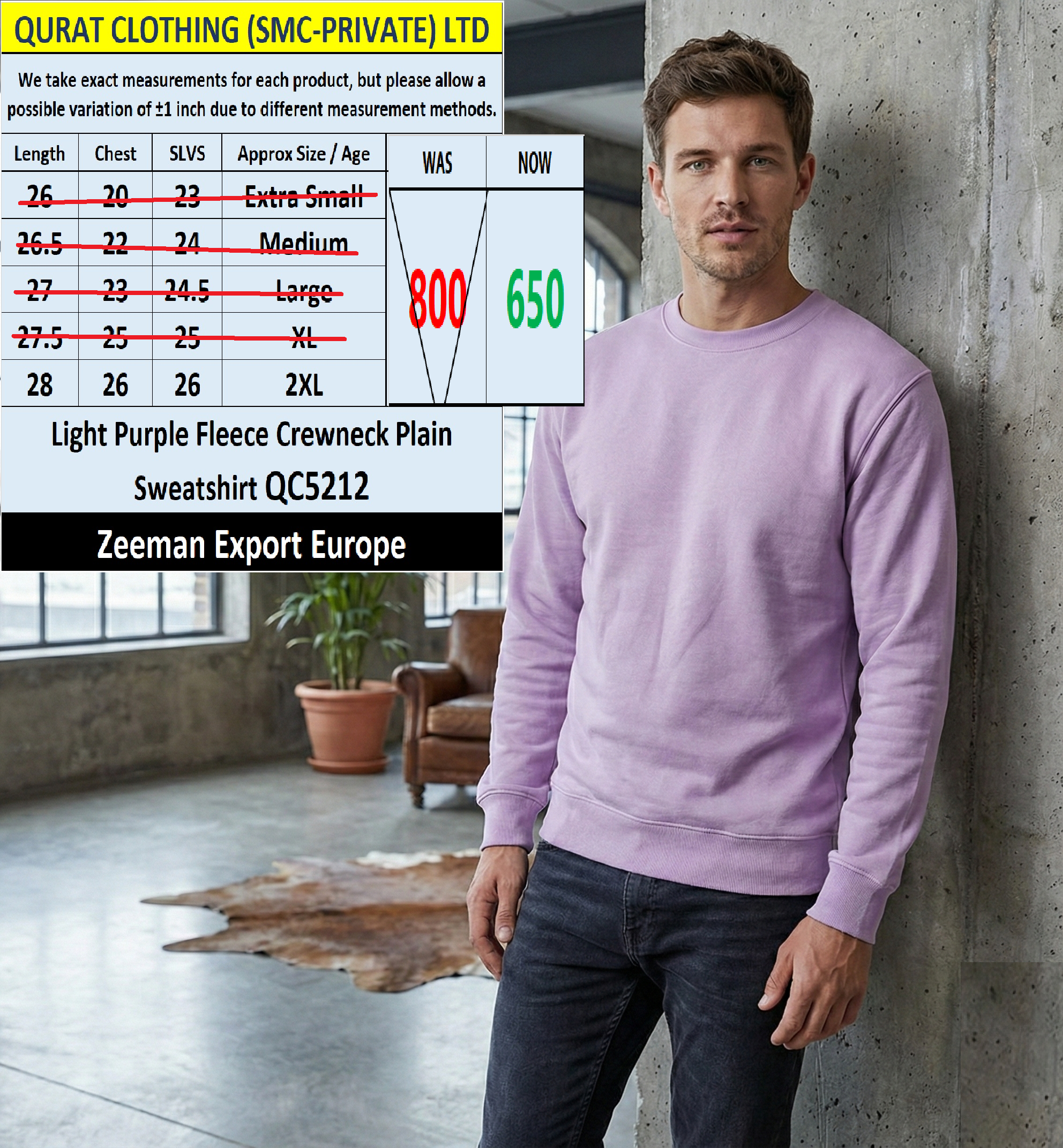 Zeeman Light Purple Plain Fleece Crewneck Sweatshirt QC5212