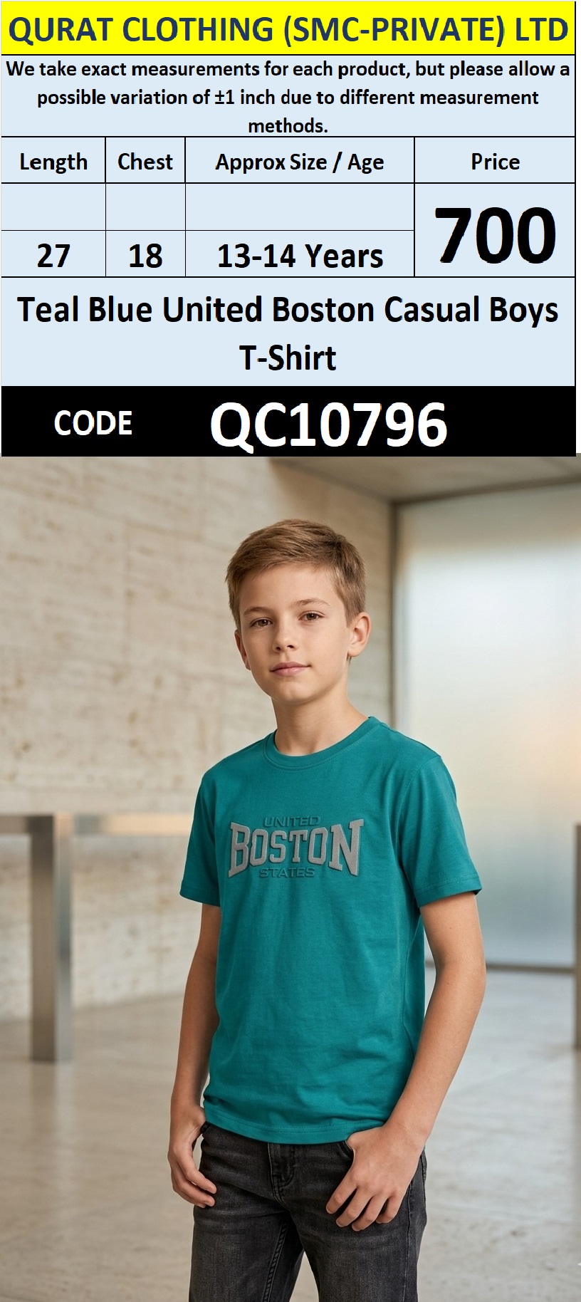 Teal Blue United Boston Casual Boys T-Shirt QC10796