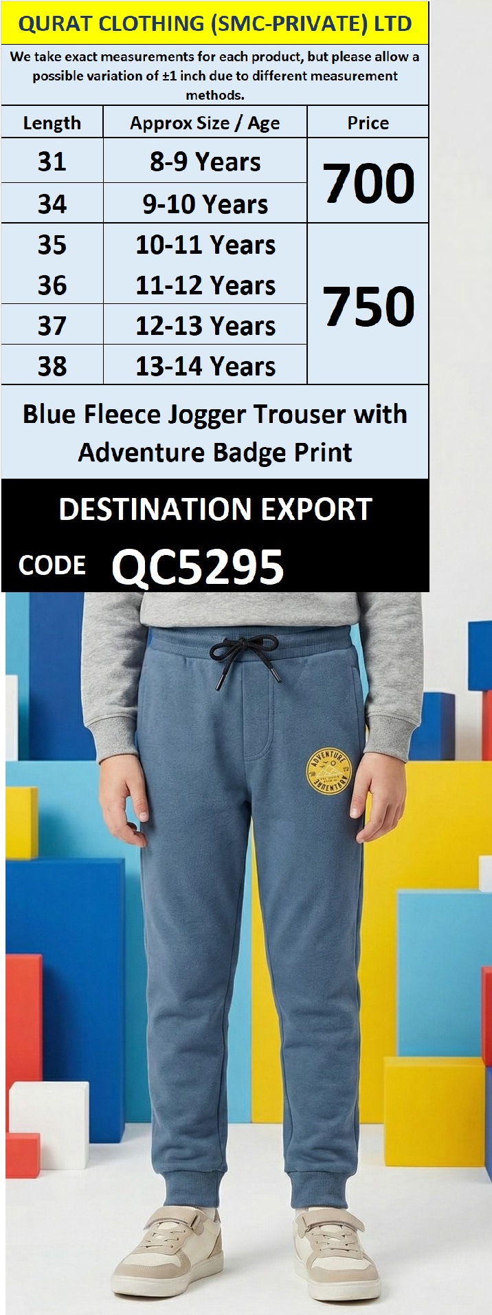 Blue Fleece Jogger Trouser with Adventure Badge Print for Kids QC5295