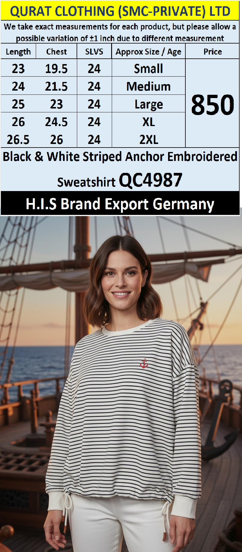 H.I.S Brand Black & White Striped Anchor Embroidered Sweatshirt QC4987 – Export Germany
