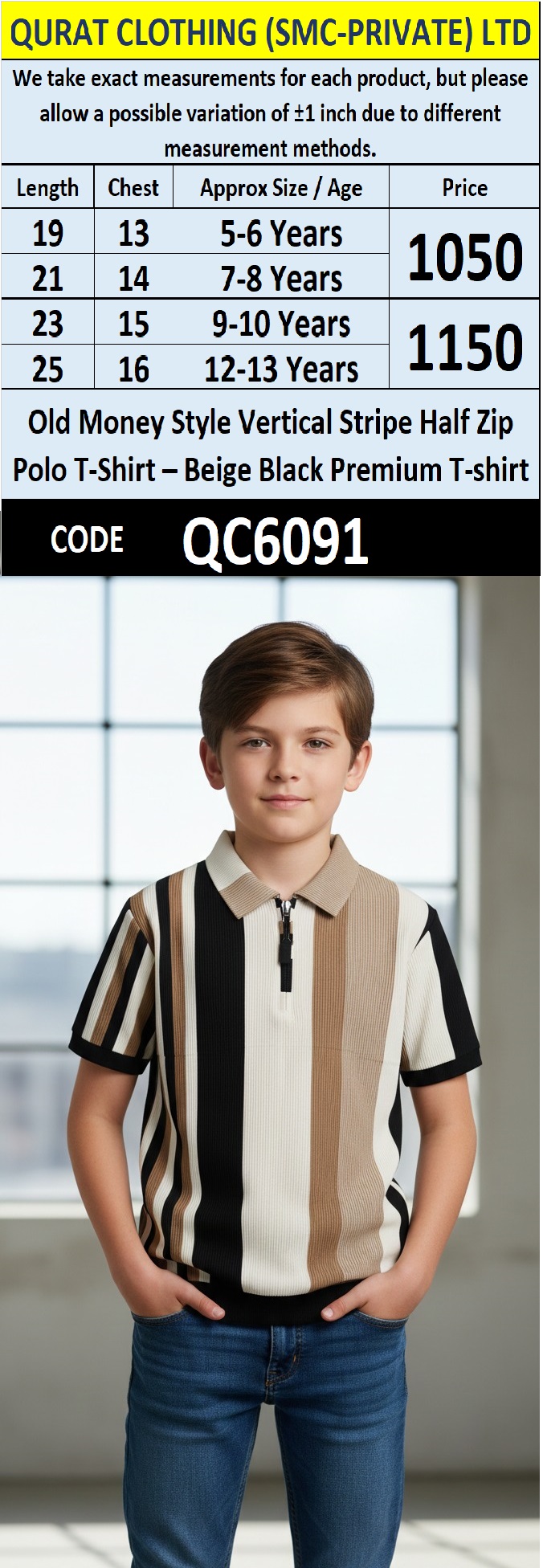 Old Money Style Vertical Stripe Half Zip Polo T-Shirt – Beige Black Premium Ribbed QC6091