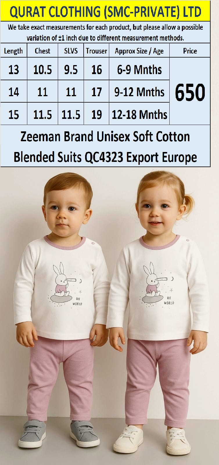 Zeeman Brand Unisex Soft Cotton Blended Suits QC4323 Export Europe 