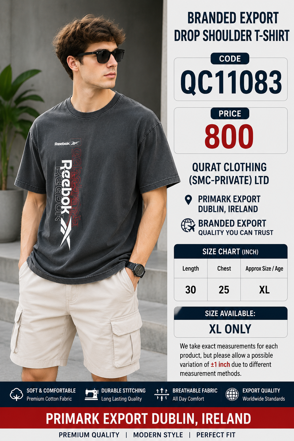 Charcoal Grey Reebok Printed Branded Export Drop Shoulder T-Shirt QC11083 – Primark Export Dublin Ireland