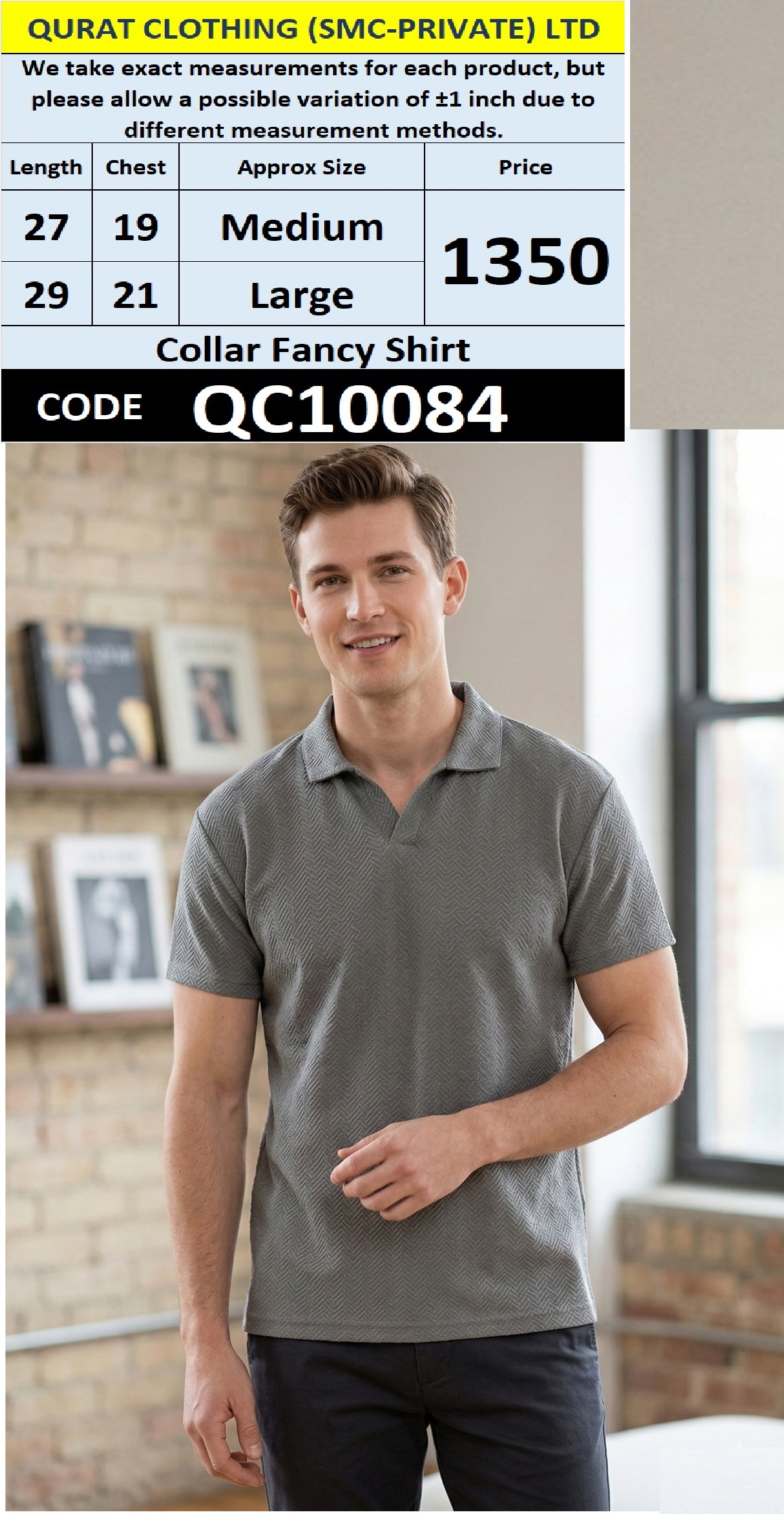 Grey Collar Fancy Shirt – Textured Cotton Polo Shirt QC10084
