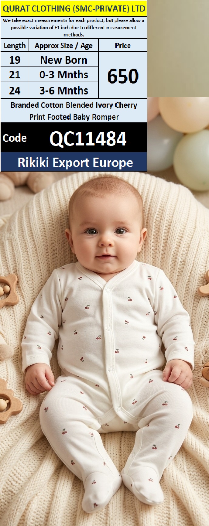 Rikiki Export Europe Branded Cotton Blended Ivory Cherry Print Footed Baby Romper – QC11484