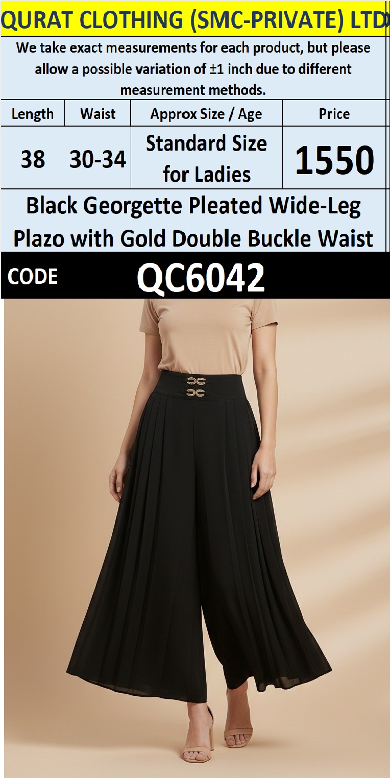 Black Georgette Pleated Wide-Leg Plazo with Gold Double Buckle Waist – QC6042 - QC6042