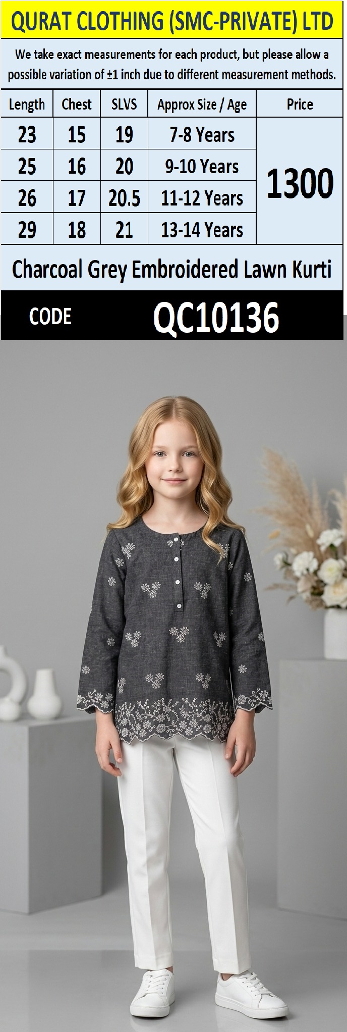 Charcoal Grey Embroidered Lawn Kurti QC10136