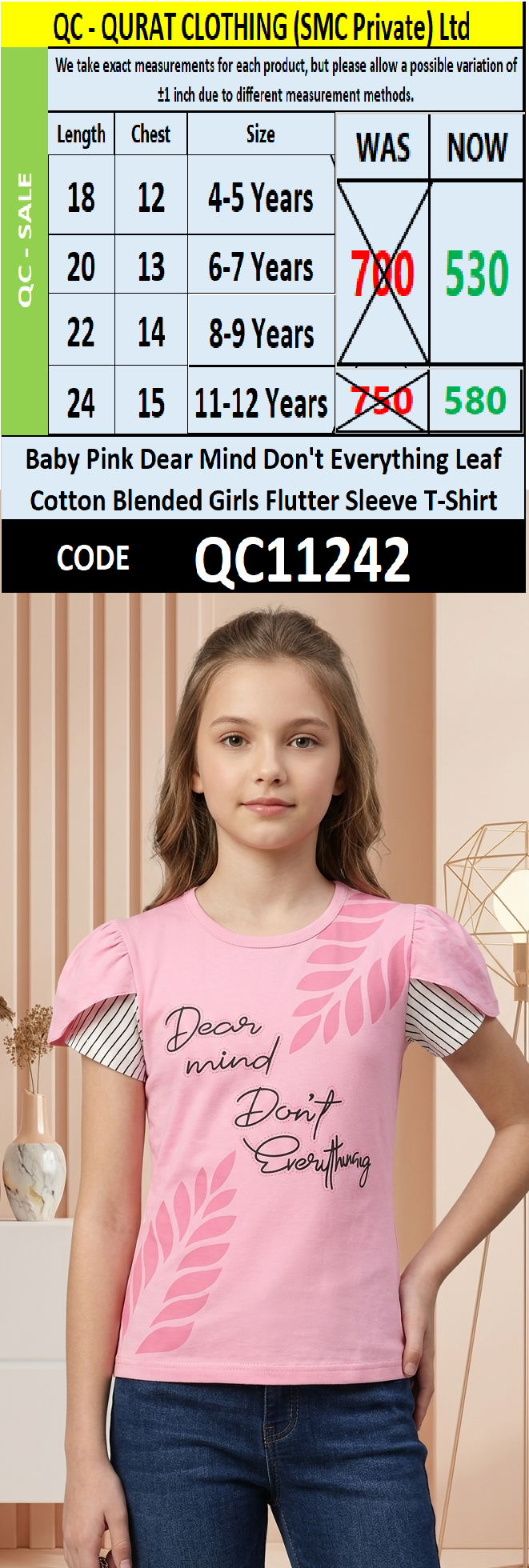 Baby Pink Dear Mind Don't Everything Typography Leaf Printed Cotton Blended Girls Flutter Sleeve T-Shirt QC11242