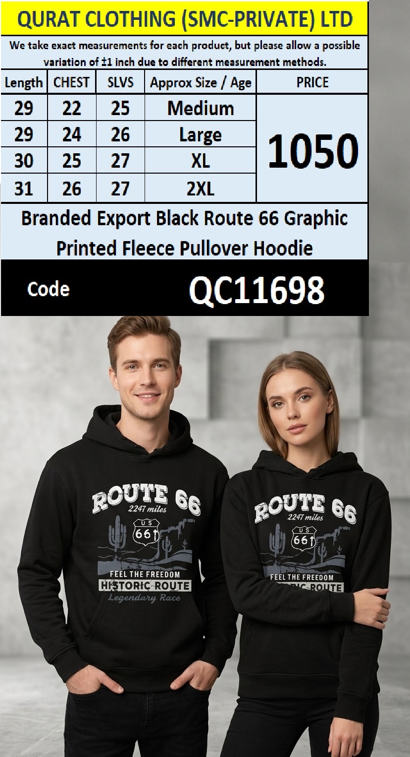Branded Export Black Route 66 Graphic Printed Fleece Pullover Hoodie QC11698