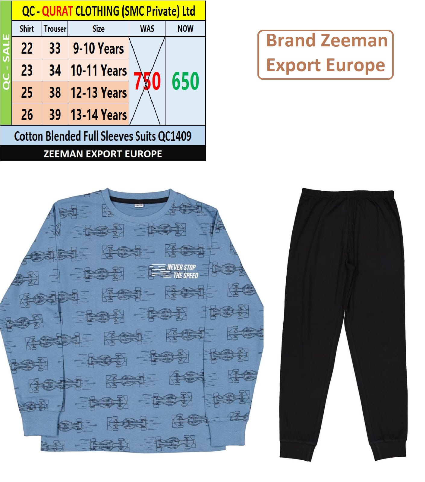 Brand Zeeman Sport Car Print Cotton Blended Suit QC1409 Export Europe 