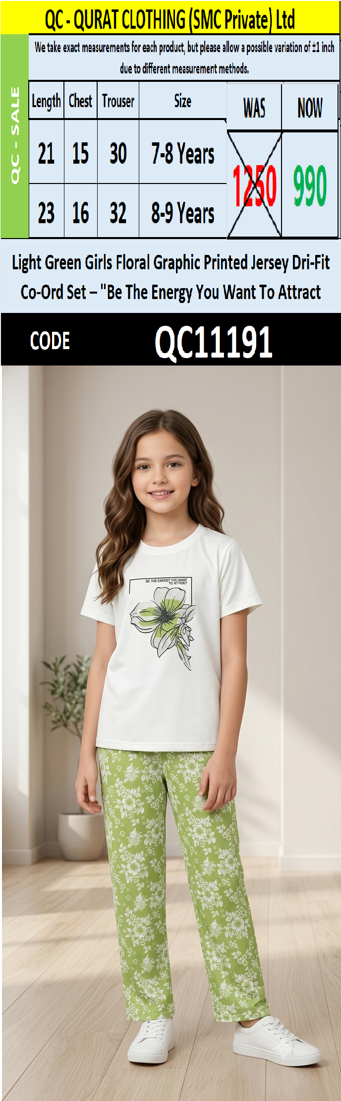 Light Green Girls Floral Graphic Printed Jersey Dri-Fit Co-Ord Set – Be The Energy You Want To Attract - QC11191