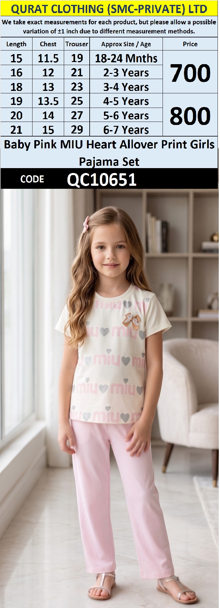Baby Pink MIU Heart Allover Print Girls Pajama Set QC10651