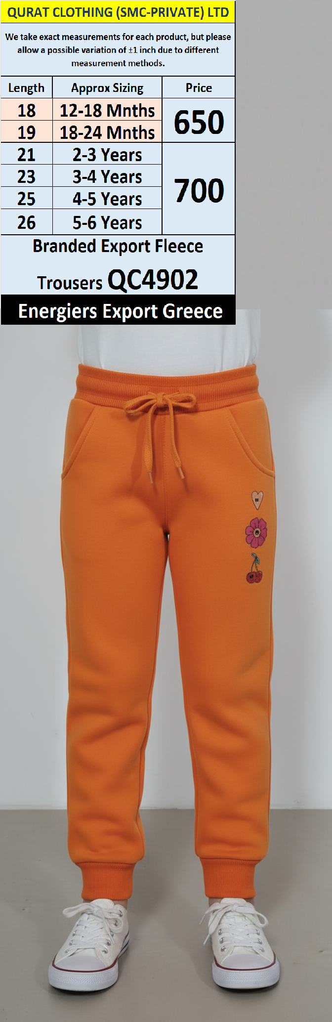 Energiers Brand Orange Fleece Jogger Trouser QC4902 with Heart, Flower & Cherry Embroidery – Export Greece